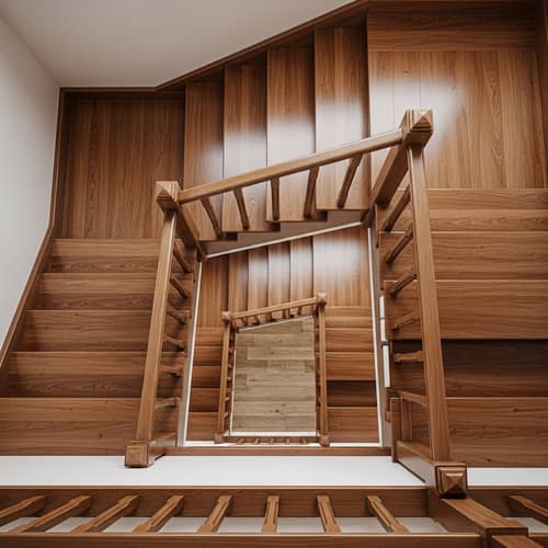 Intricately Designed Wooden Staircase, Realism - Top View