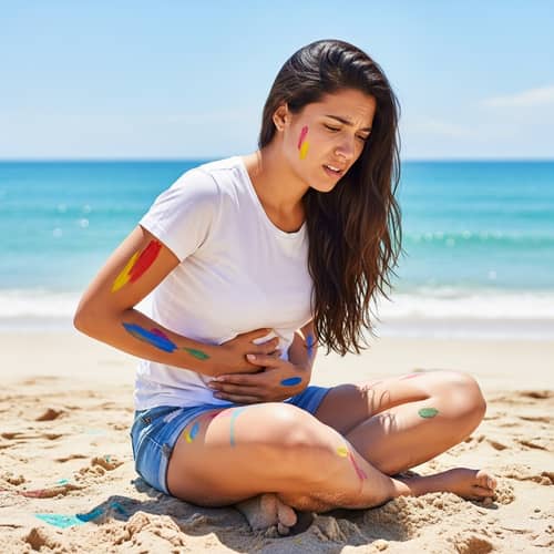 Hispanic Woman in Distress on Vibrant Beach - Urgency Captured