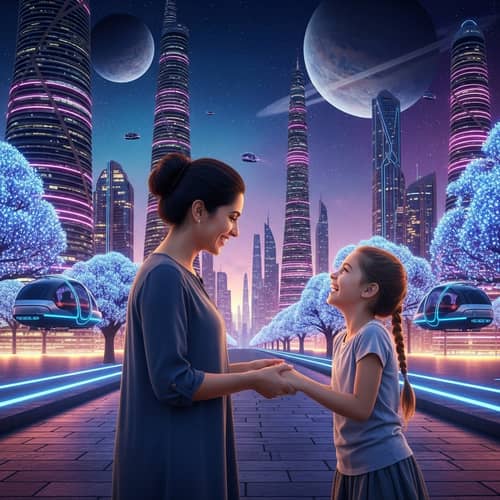 Mother and Daughter Bonding: Whimsical & Futuristic Moment