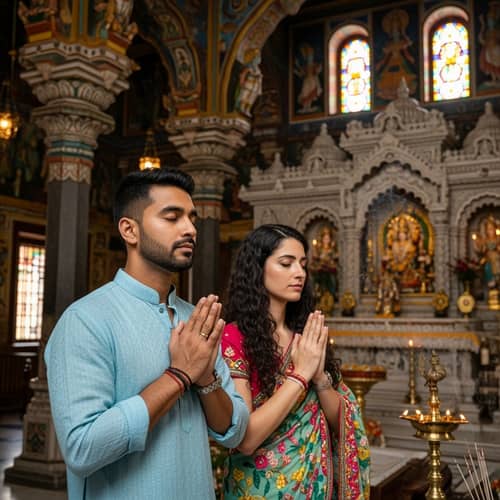 Cultural Diversity: South Asian Man & Hispanic Woman Praying at Temple
