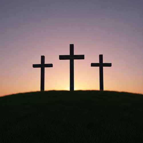 Three Crosses on Hill at Dusk - Symbolic Serenity