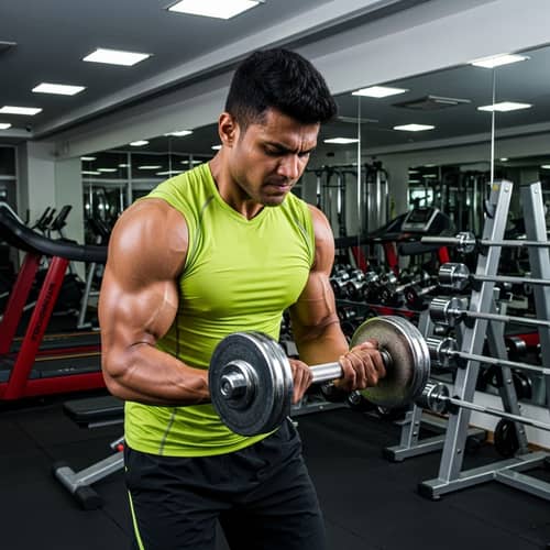 Fit South Asian Man Lifting Silver Dumbbell in Neon Green Apparel