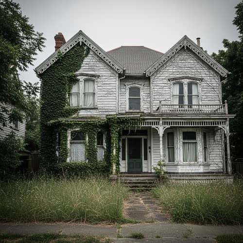 Victorian-Era Gray House with Overgrown Yard