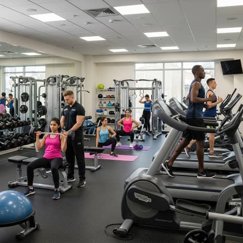 Dynamic Gym Scene with Diverse Workouts and Trainers