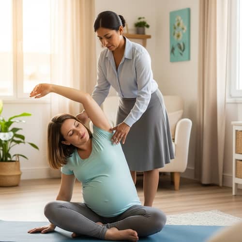 Professional Doula Assisting Pregnant Woman in Yoga Session
