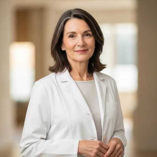 Elegant Middle-Aged Brunette Woman in White Coat Smiling