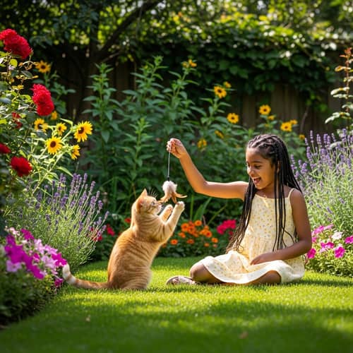South Asian Girl Playing with Cat in Vibrant Green Garden