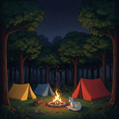 Mystical Forest Night: Unicat, Tents & Bonfire