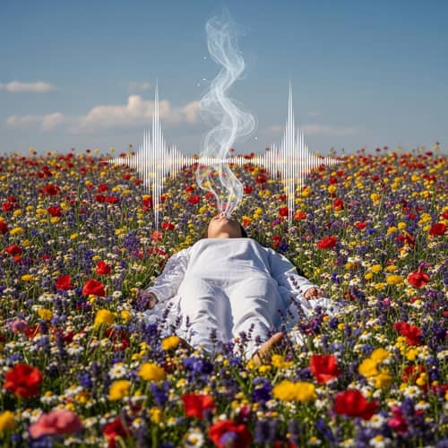 Transcendent Human Figure in Verdant Flower Field | Ethereal Sound Waves
