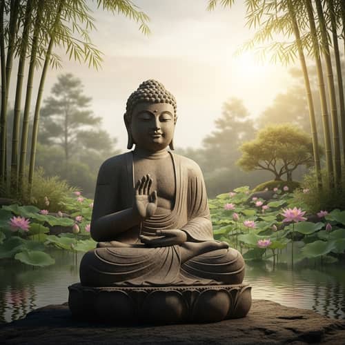 Ancient Stone Buddha Statue in Tranquil Zen Garden