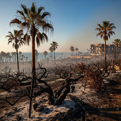 Devastated Paradise: Burnt Palm Trees & Grapevines