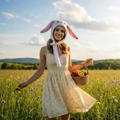 Woman in Bunny Hat and Summer Dress
