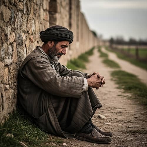 Melancholic Scene of a Desolate Poor Man Sitting by a Path