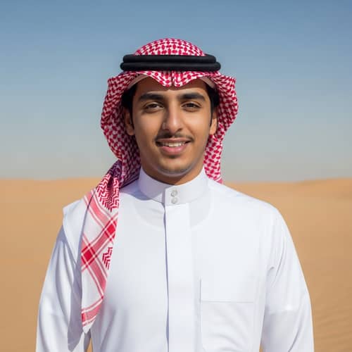 Saudi Arabian Man in Traditional Attire | Smiling in Desert Landscape