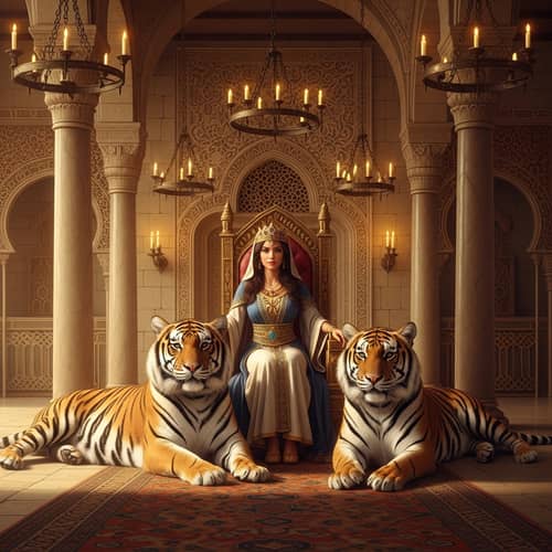 Middle-Eastern Princess with Royal Tigers in Regal Hall