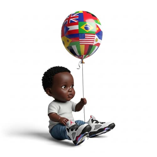 Urban Hood Ebony Baby in Air Jordan 5s with World Flags Balloon