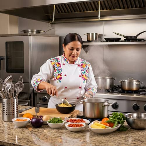 Middle Age Mexican Woman Chef Cooking in Vibrant Kitchen