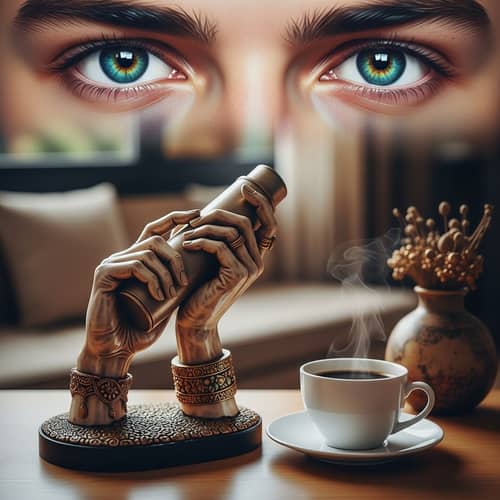 Artistic Scene with Hands Sculpture and Coffee Charm
