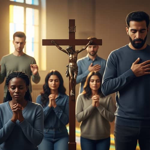 Diverse Devoted Individuals around Crucifix