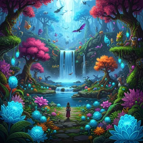 Mystical Forest & Hidden Waterfall | Vibrant Colors | Magical Creatures