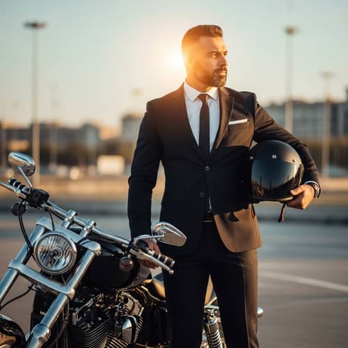 Middle-Eastern Biker in Suit and Helmet Gazing Right