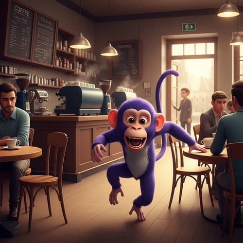 Animated Monkey with Purple Fur in Lively Coffee Shop