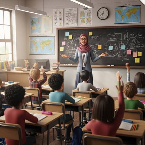 Passionate Woman Teacher Teaching in 3D Classroom Setting