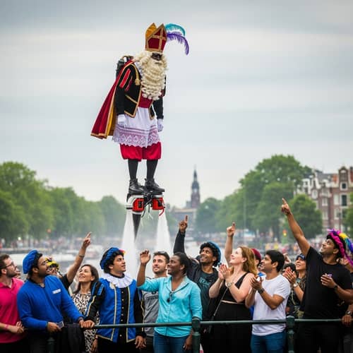 Sinterklaas Jet-Pack at Amsterdam Canal Pride | Diverse Audience Cheers On