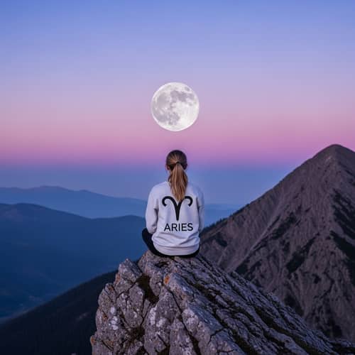Young Caucasian Girl on Aries Sweatshirt gazing at Purple Sky with Full Moon