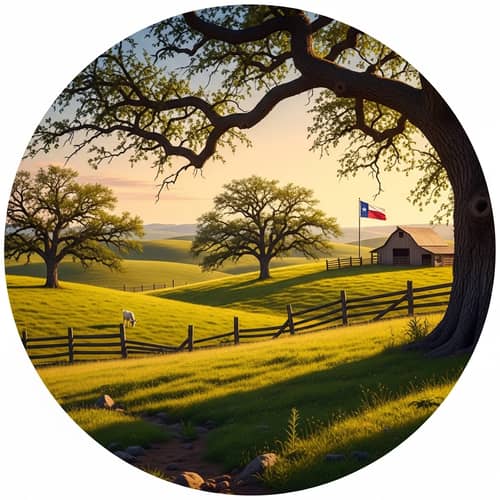 Circular Farming Landscape with Oak Trees and Texas Flag