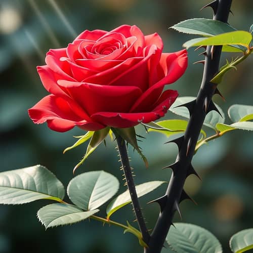 Captivating Red Rose on Striking Black Stem in Enchanting Garden