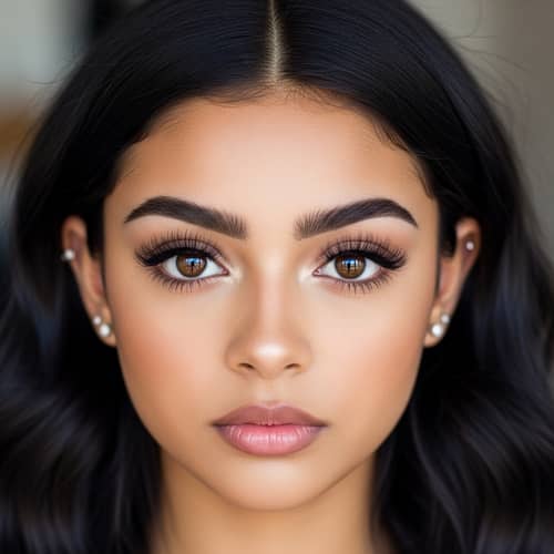 Brown-Eyed Beauty with Unique Facial Structure and Long Black Hair