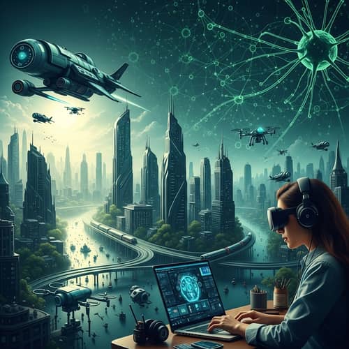 Futuristic Virtual World: Skyscrapers, Spaceships, Robots