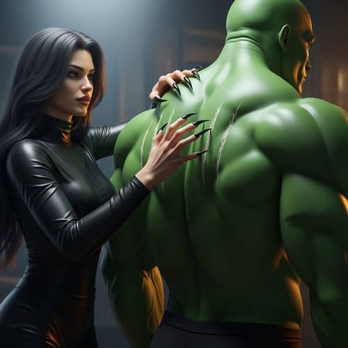 Woman with Long Cat-Like Nails Scratching a Green Humanoid's Back