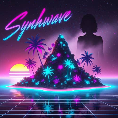 Retro Synthwave-Style Island Album Cover with Enigmatic Woman