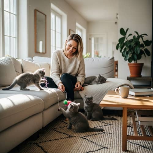 Beautiful Blonde Girl Smiling with Three Fluffy Gray Kittens in Spacious Living Room