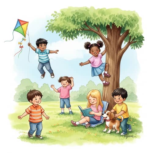 Childhood Memories Watercolor Painting | Joyful Kids in Park
