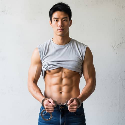 Muscular Asian Man showcasing Six-pack with Handcuffs