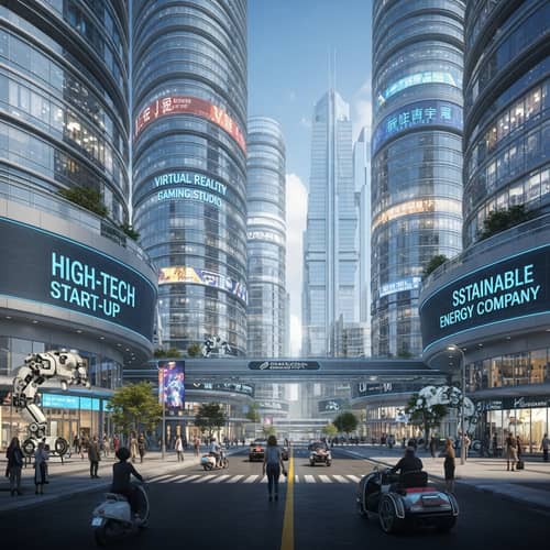 Futuristic Businesses in Thriving City | Diverse High-Tech Scenes