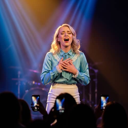 Passionate Young Woman Singing On Colorful Stage | Performance