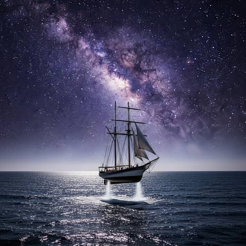 Sailboat Soaring into Cosmic Realm: Adventures Await