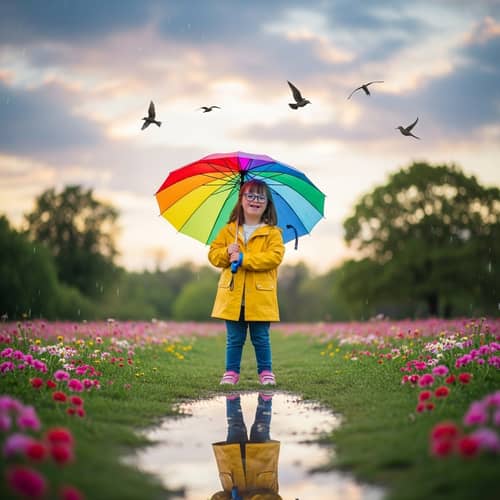 Smiling Teenaged Girl with Down Syndrome in Blue Glasses and Yellow Raincoat