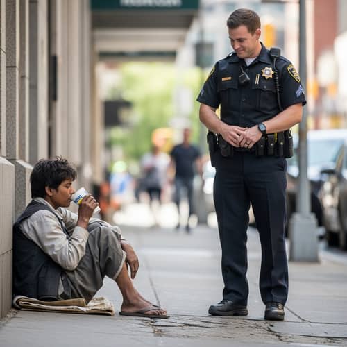 Poverty-Stricken Individual Sipping Beverage Observing Officer