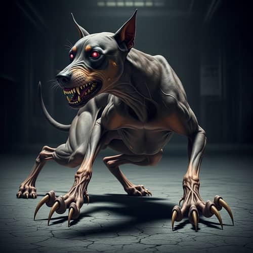 Eerie Psychological Horror Dog with Glowing Eyes Ready to Pounce