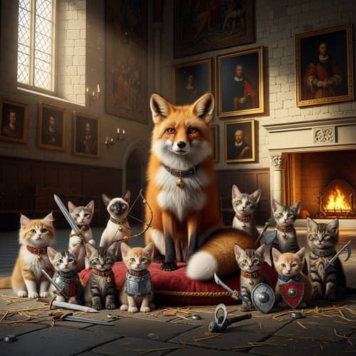 Ancient Castle with Fox and Kittens in Armor - Enchanting Scene