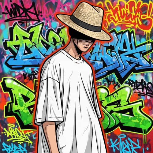 Graffiti Style Person in Oversized White T-Shirt and Panama Hat