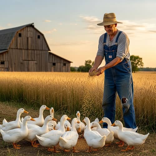 Tranquil Duck Feeding Scene in Traditional Farming Setting