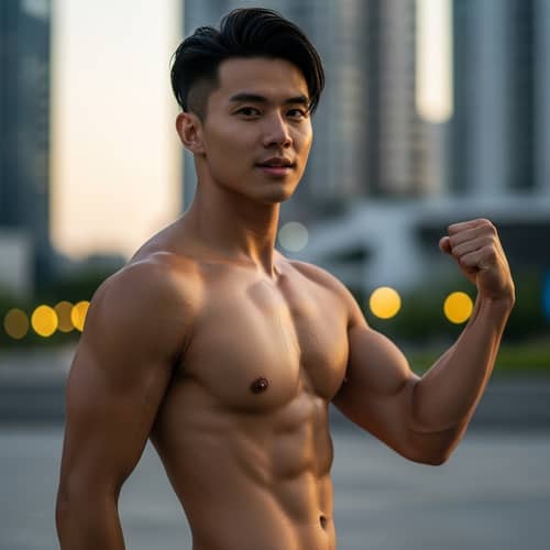 Toned Asian Man: Fashionable, Confident, Athletic | Urban Setting
