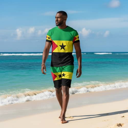 Black Man Wearing Kittitian Flag Outfit on Sandy Beach