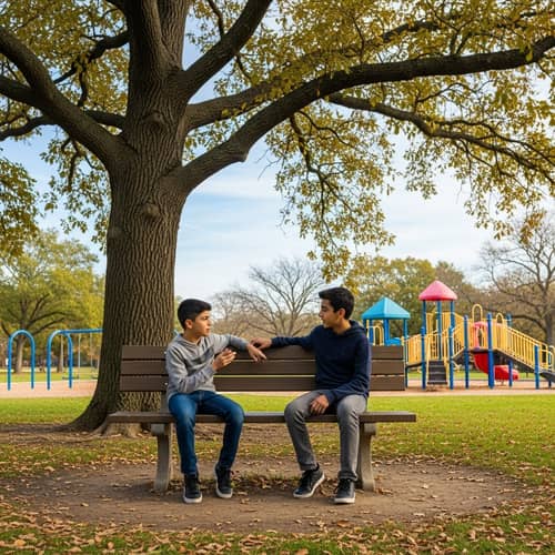 Lively Conversation Between Two Boys in a Park
